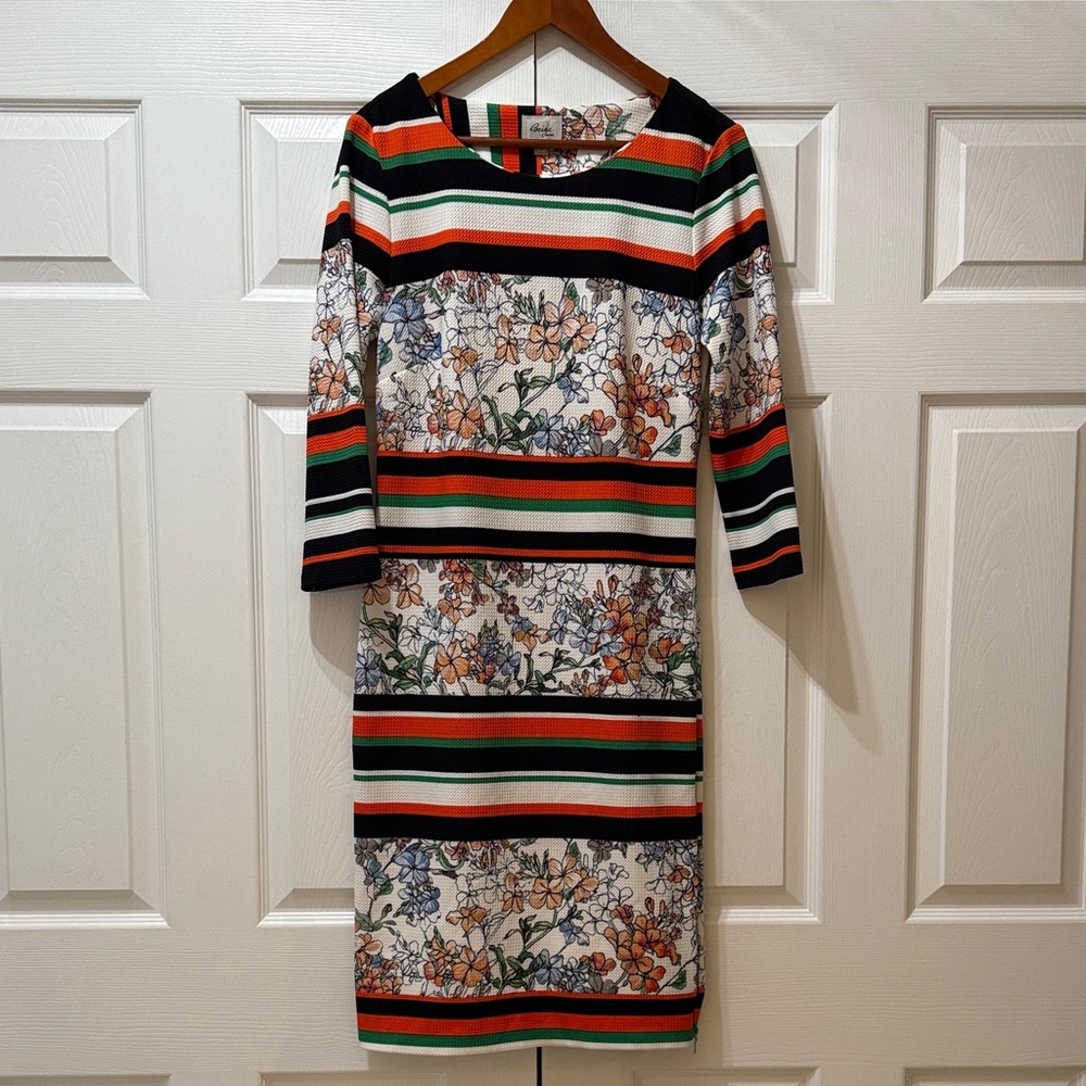 Beige by ECI Multicolor Floral and Stripe three-quarter length Sleeve Dress